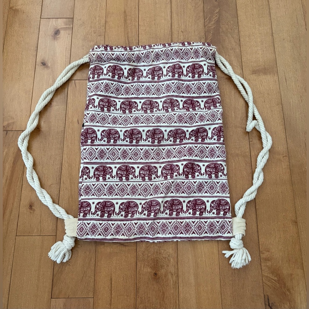 Elephant Print Drawstring Backpack | Boho Canvas Bag - Picture 2 of 4
